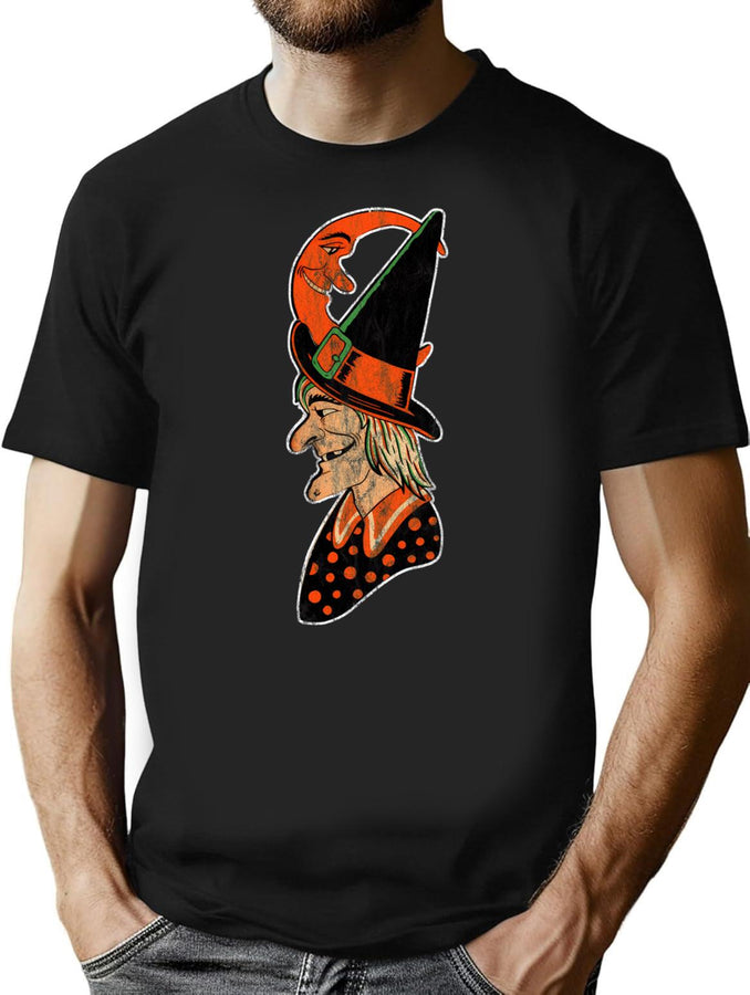 90 Vintage Halloween Witch Profile Moon Cut Out Graphic T-Shirt for Men & Women, T-Shirts Graphic Tee - Black