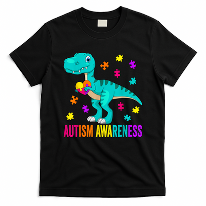 Autism Awareness Dinosaur Colorful Autism Puzzle Pieces T-Shirt