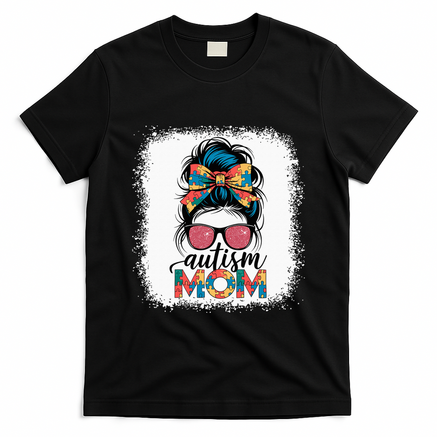 Autism Awareness Messy Bun Autism Mom Coquette Bow Puzzle T-Shirt