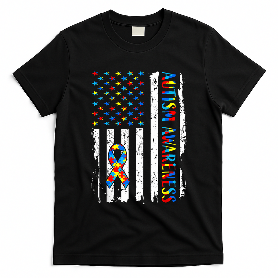 Autism Awareness Mom Dad USA flag Autistic Awareness Autism T-Shirt