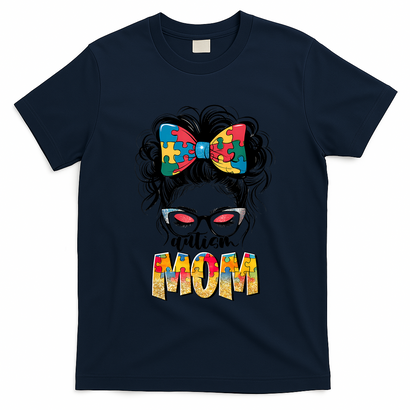 Autism Awareness Messy Bun Autism Mom Coquette Bow Puzzle T-Shirt