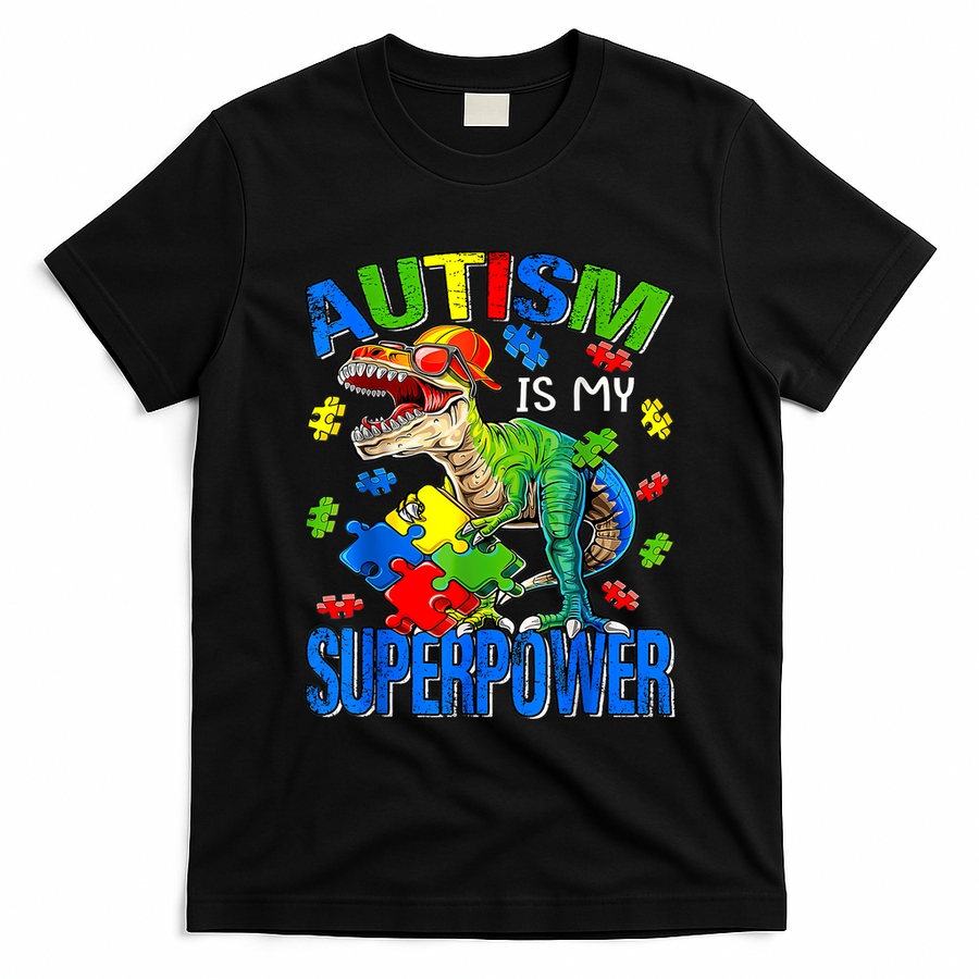 Autism Is My Superpower Autism Awareness Dinosaur T-Shirt