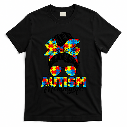 Autism Mommy Messy Bun Sunglasses Bandana Autism Awareness T-Shirt