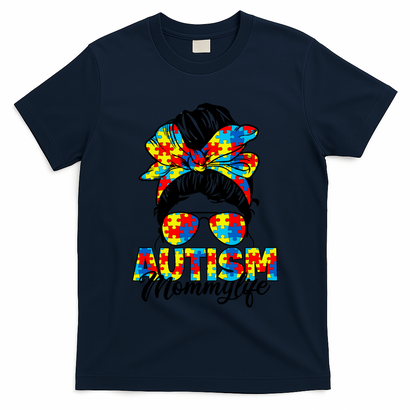 Autism Mommy Messy Bun Sunglasses Bandana Autism Awareness T-Shirt