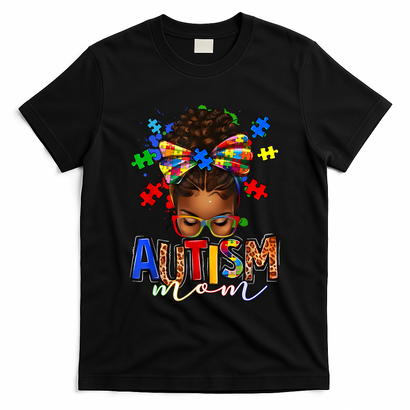 Autism Mom Messy Bun Black Women Autism Awareness Puzzle T-Shirt