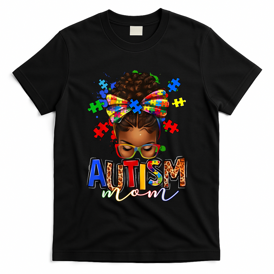 Autism Mom Messy Bun Black Women Autism Awareness Puzzle T-Shirt