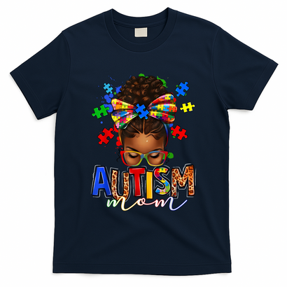 Autism Mom Messy Bun Black Women Autism Awareness Puzzle T-Shirt