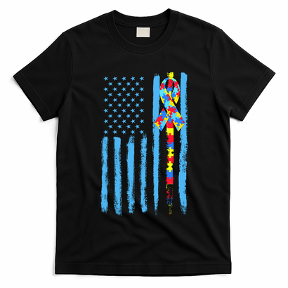 Autism Awareness Puzzle American Flag T-Shirt