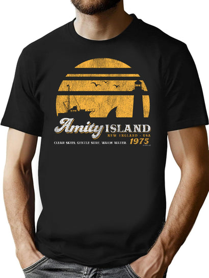 Amity Island Sunset Worn Out (Universal Ucs Llc) T-Shirt for Men & Women, T-Shirts Graphic Tee - Black