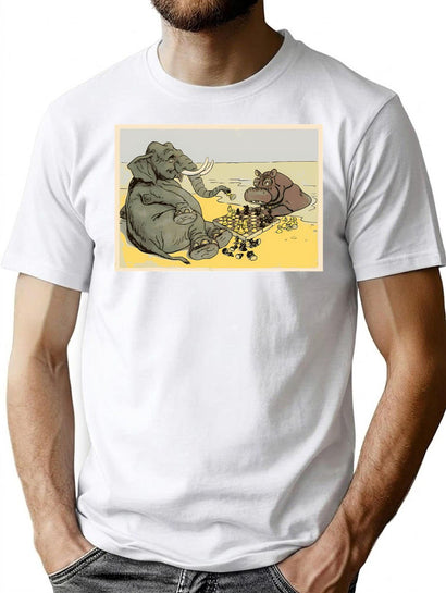 Animals Playing Chess Elephant Hippo Gift T-Shirt for Men & Women, T-Shirts Graphic Tee - Black