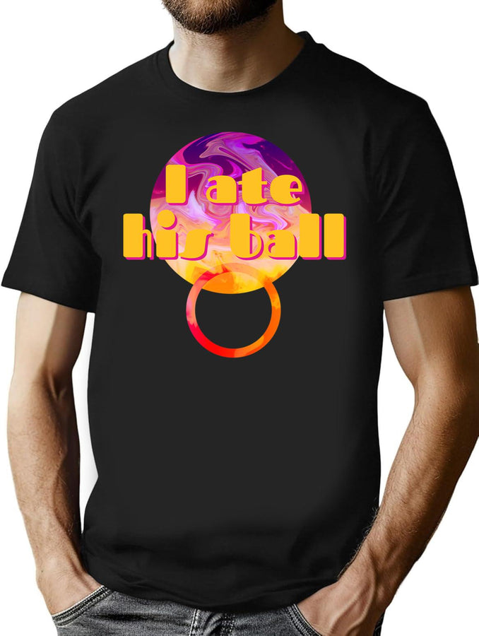 Ate His Ball - Funny Engrish Bad Translation Bootleg Graphic T-Shirt - Black
