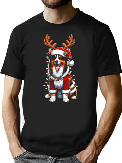 Australian Shepherd Dog Reindeer Light Vintage Ugly Sweater Santa'S Hat Xmas T-Shirt for Men & Women, T-Shirts Graphic Tee - Black
