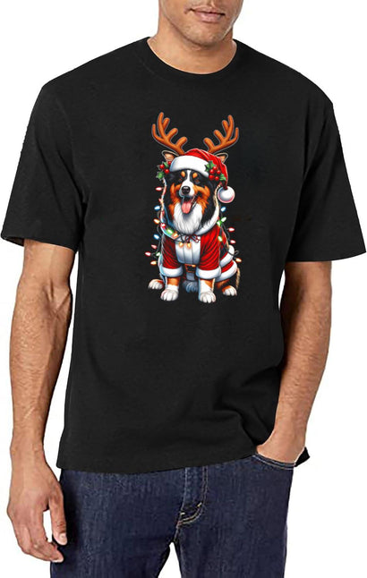 Australian Shepherd Dog Reindeer Light Vintage Ugly Sweater Santa'S Hat Xmas T-Shirt for Men & Women, T-Shirts Graphic Tee - Black