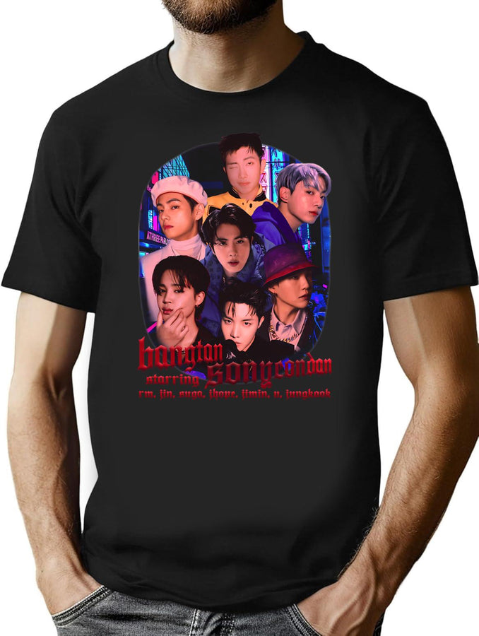 Bangtan Sonyeondan Starring Rm Jin Suga Jhope Jimin V Jungkook Bootleg Graphic T-Shirt - Black
