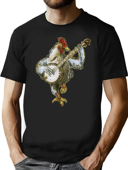 Banjo Playing Chicken T-Shirt for Men & Women, T-Shirts Graphic Tee - Black