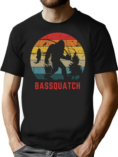 Bassquatch Funny Bigfoot Fishing Outdoor Retro T-Shirt for Men & Women, T-Shirts Graphic Tee - Black
