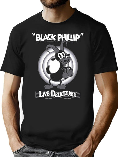 Black Phillip - Vintage Cartoon - Witch - Goth Occult - Live Deliciously T-Shirt for Men & Women, T-Shirts Graphic Tee - Black