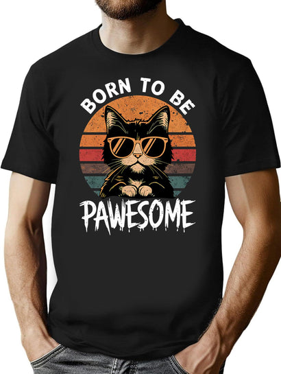 Born To Be Pawesome Cute Kitty T-Shirt for Men & Women, T-Shirts Graphic Tee - Black