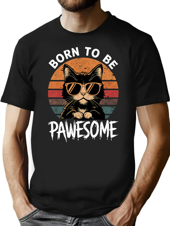 Born To Be Pawesome Cute Kitty T-Shirt for Men & Women, T-Shirts Graphic Tee - Black