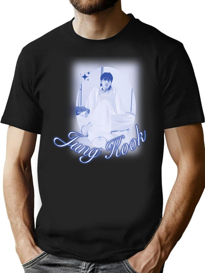 Bts Jungkook Y2K Bootleg Blue And White Photo Edit Bootleg Graphic T-Shirt - Black
