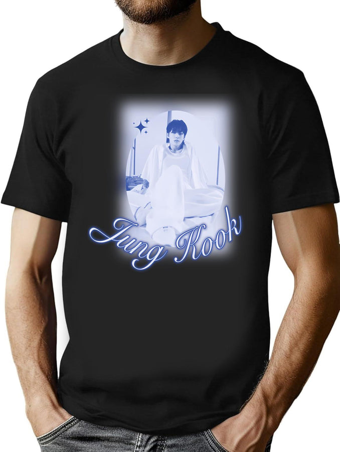 Bts Jungkook Y2K Bootleg Blue And White Photo Edit Bootleg Graphic T-Shirt - Black