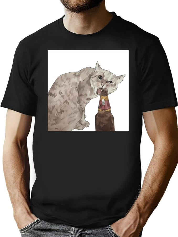 Cat Opening Beer Bottle Meme Black T-Shirt - Black