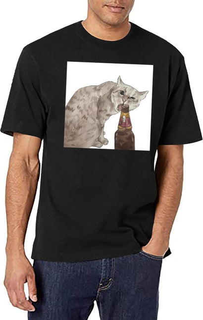 Cat Opening Beer Bottle Meme Black T-Shirt - Black
