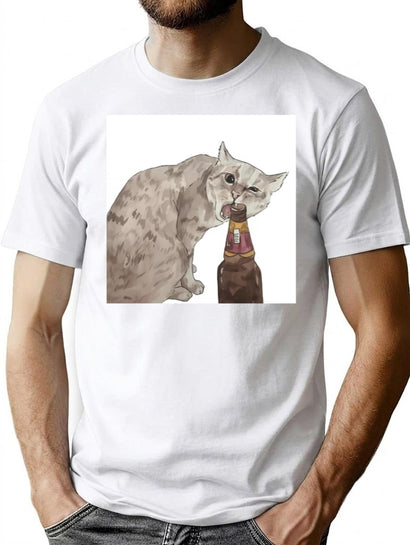 Cat Opening Beer Bottle Meme Premium Heavyweight Cotton T-Shirt - Black