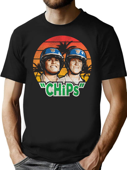 Chips Tv Show Retro Worn T-Shirt for Men & Women, T-Shirts Graphic Tee - Black