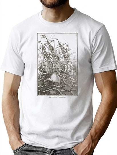 Colossal Octopus Kraken Attacking Ship Sea Monster T-Shirt for Men & Women, T-Shirts Graphic Tee - Black