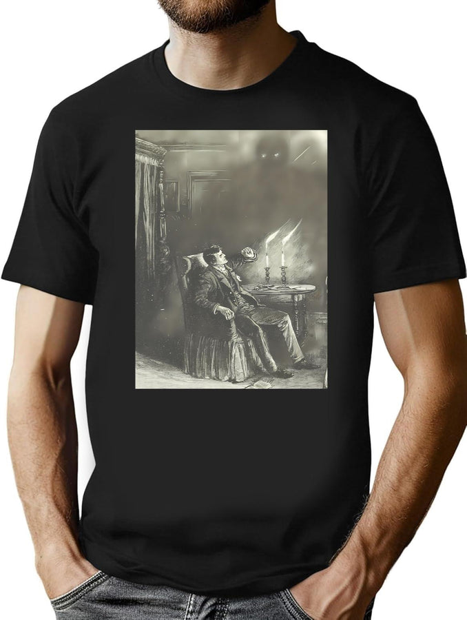 Creepy Etching Illustration - A Man Reels From An Evil Shadow T-Shirt for Men & Women, T-Shirts Graphic Tee - Black