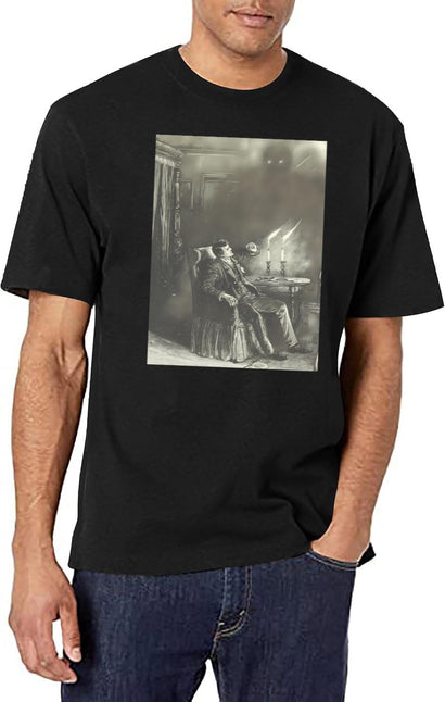 Creepy Etching Illustration - A Man Reels From An Evil Shadow T-Shirt for Men & Women, T-Shirts Graphic Tee - Black