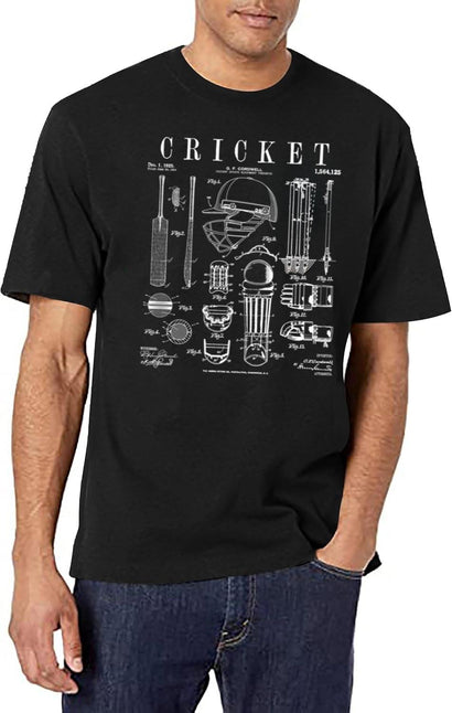 Cricket Cricketer Batsman Bowler Vintage Sports Patent Print T-Shirt for Men & Women, T-Shirts Graphic Tee - Black
