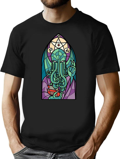 Cthulhu Church Stained Glass Cosmic Horror T-Shirt for Men & Women, T-Shirts Graphic Tee - Black