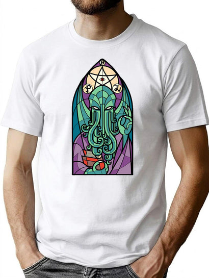 Cthulhu Church Stained Glass Cosmic Horror T-Shirt for Men & Women, T-Shirts Graphic Tee - Black