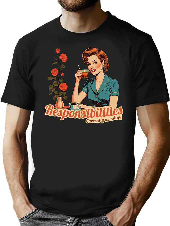 Currently Avoiding Responsibilities Retro Vintage Design T-Shirt for Men & Women, T-Shirts Graphic Tee - Black