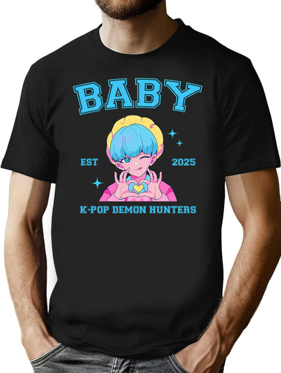 Cute Blue Haired Baby Making Heart Pose With Kpop Demon Hunters For K-Pop Gift For K-Pop Lovers T-Shirt for Men & Women, T-Shirts Graphic Tee - Black