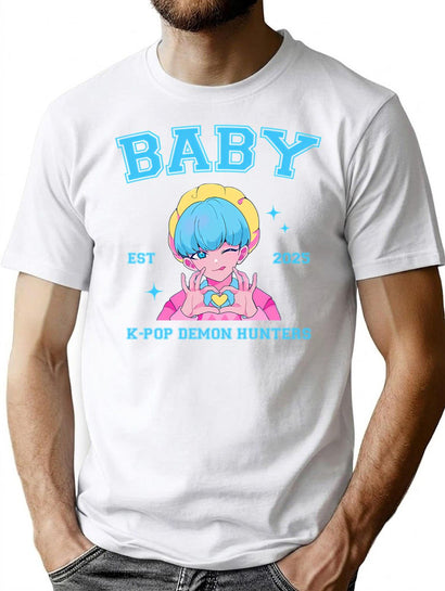 Cute Blue Haired Baby Making Heart Pose With Kpop Demon Hunters For K-Pop Gift For K-Pop Lovers T-Shirt for Men & Women, T-Shirts Graphic Tee - Black