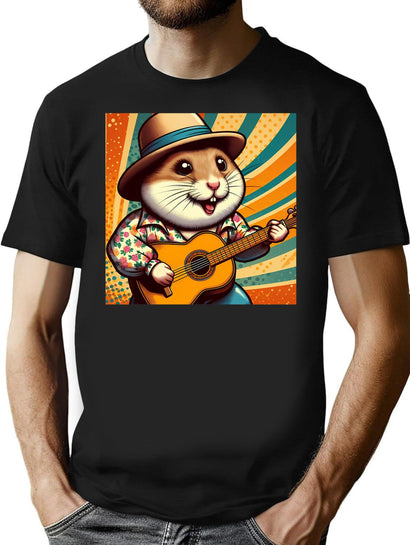 Cute Guitarist Hamster T-Shirt for Men & Women, T-Shirts Graphic Tee - Black