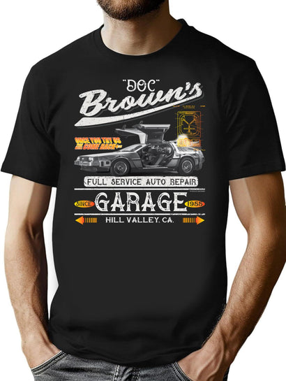 Doc Brown'S Auto Repair Garage Delorean Car ( Ucs Llc And Amblin) T-Shirt for Men & Women, T-Shirts Graphic Tee - Black