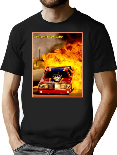 Drag Race Burn-Out Vintage Funny Car Advertising Print T-Shirt for Men & Women, T-Shirts Graphic Tee - Black