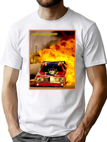 Drag Race Burn-Out Vintage Funny Car Advertising Print T-Shirt for Men & Women, T-Shirts Graphic Tee - Black