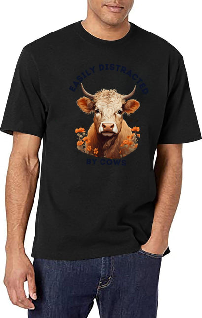Easily Distracted By Cows Retro Design (1) T-Shirt for Men & Women, T-Shirts Graphic Tee - Black