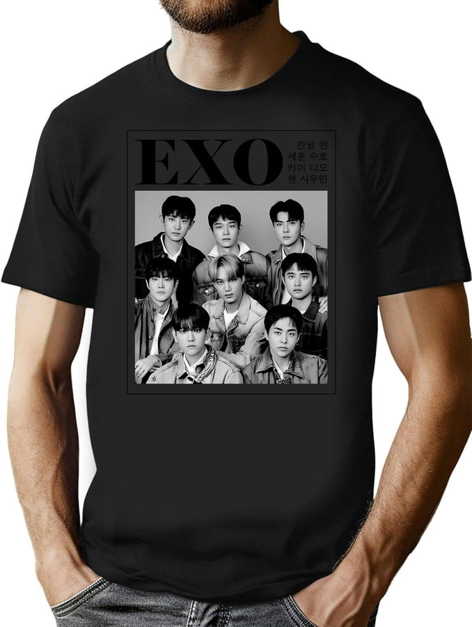 Exo Bootleg Design K-Pop Group Magazine Cover Bootleg Graphic T-Shirt - Black