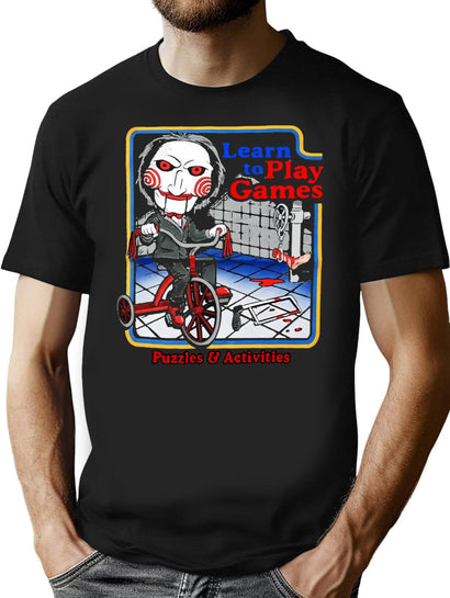 Film Billy Jigsaw Learn To Play Games Art T-Shirt for Men & Women, T-Shirts Graphic Tee - Black