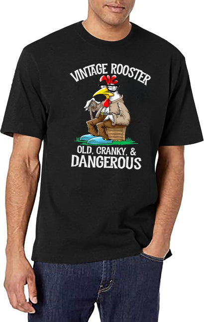 Funny Chicken Vintage Rooster Old Cranky Dangerous T-Shirt for Men & Women, T-Shirts Graphic Tee - Black