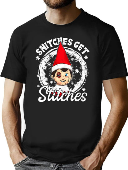 Funny Christmas Snitches Get Stitches T-Shirt for Men & Women, T-Shirts Graphic Tee - Black