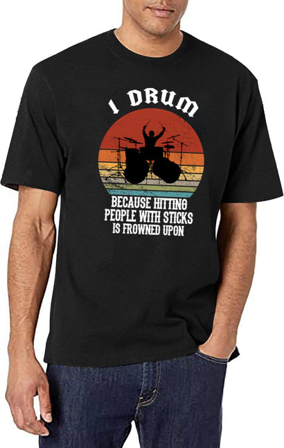 Funny Drummer Retro Vintage Sunset Drum Birthday Party T-Shirt for Men & Women, T-Shirts Graphic Tee - Black