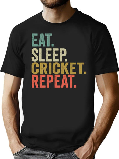 Funny Eat Sleep Cricket Repeat Vintage Retro Cricket Lover Gift T-Shirt for Men & Women, T-Shirts Graphic Tee - Black