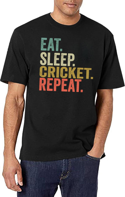 Funny Eat Sleep Cricket Repeat Vintage Retro Cricket Lover Gift T-Shirt for Men & Women, T-Shirts Graphic Tee - Black